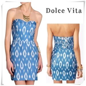 Dolce Vita Ikat Print Strapless Lace up Back Mini Dress in Mid Indigo Blue